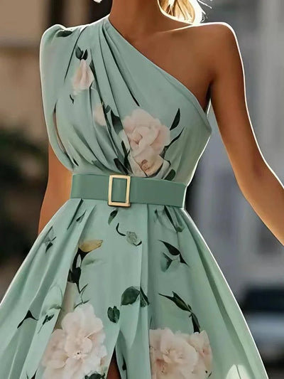 Hellgrünes Floral Raffung Ein-Schulter A-Linie Maxi Chiffon Kleid