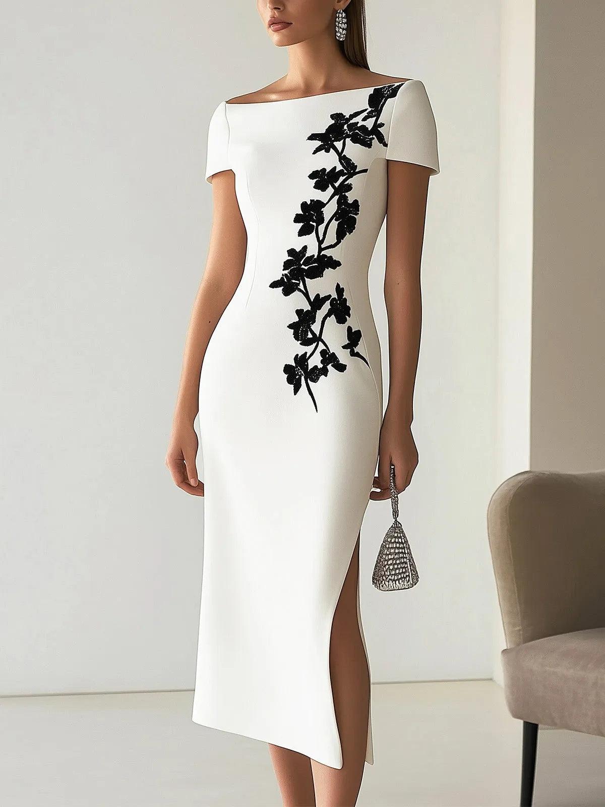 Schickes Blumendruck Boot-Ausschnitt Midi-Kleid
