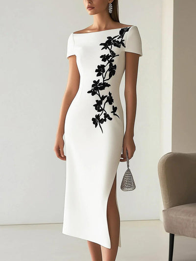 Schickes Blumendruck Boot-Ausschnitt Midi-Kleid