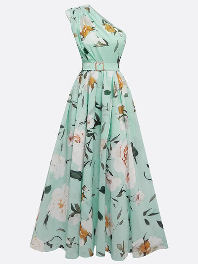 Hellgrünes Floral Raffung Ein-Schulter A-Linie Maxi Chiffon Kleid