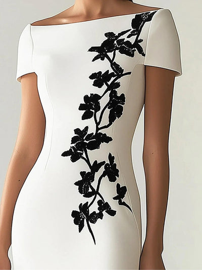 Schickes Blumendruck Boot-Ausschnitt Midi-Kleid