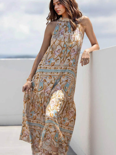 Exquisites Satin Maxikleid mit Ozean-Schatzdruck