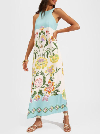 Exquisites Sonnenstrahlen Blumenmuster Ärmelloses Midi-Kleid