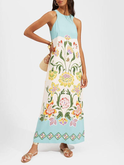Exquisites Sonnenstrahlen Blumenmuster Ärmelloses Midi-Kleid