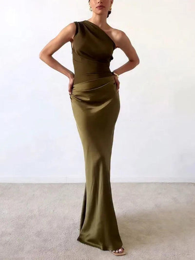 Einseitiges Neckholder Falten Maxi Kleid für Partys
