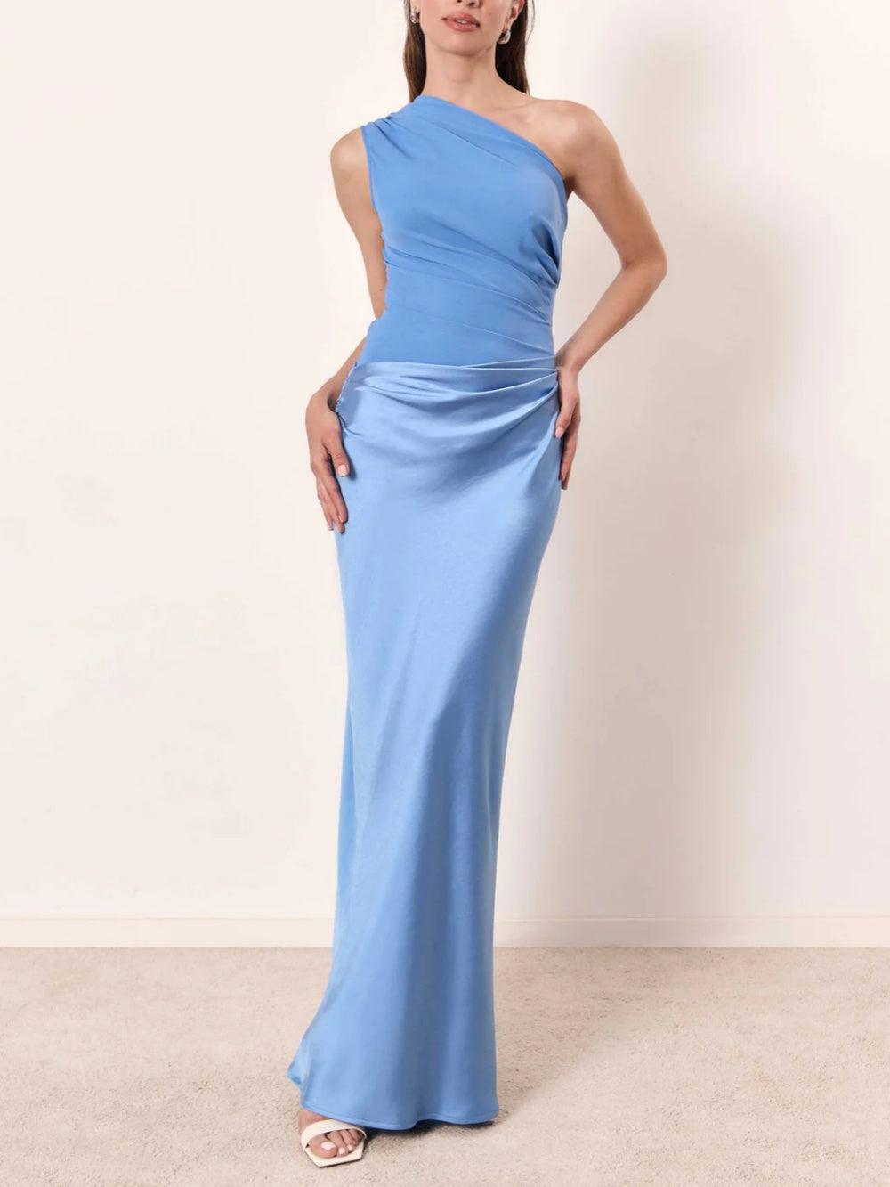Einseitiges Neckholder Falten Maxi Kleid für Partys