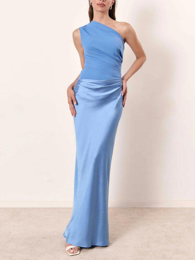 Einseitiges Neckholder Falten Maxi Kleid für Partys
