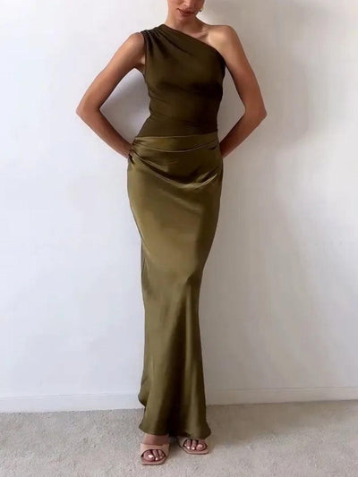 Einseitiges Neckholder Falten Maxi Kleid für Partys