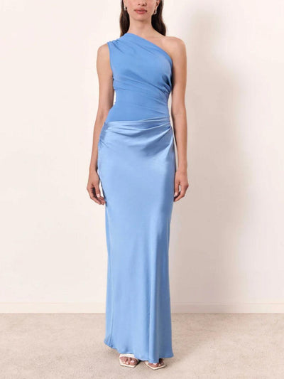 Einseitiges Neckholder Falten Maxi Kleid für Partys
