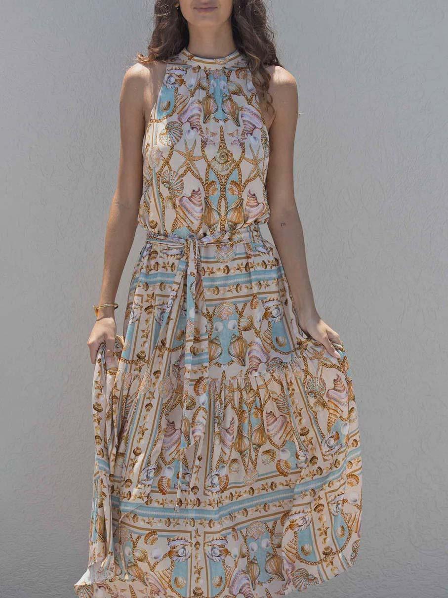 Exquisites Satin Maxikleid mit Ozean-Schatzdruck