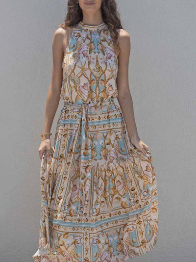 Exquisites Satin Maxikleid mit Ozean-Schatzdruck