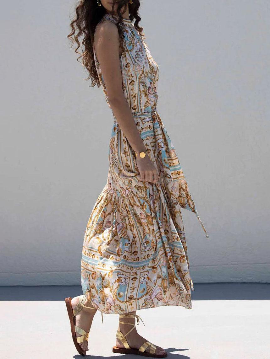 Exquisites Satin Maxikleid mit Ozean-Schatzdruck