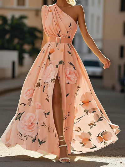 Hellgrünes Floral Raffung Ein-Schulter A-Linie Maxi Chiffon Kleid