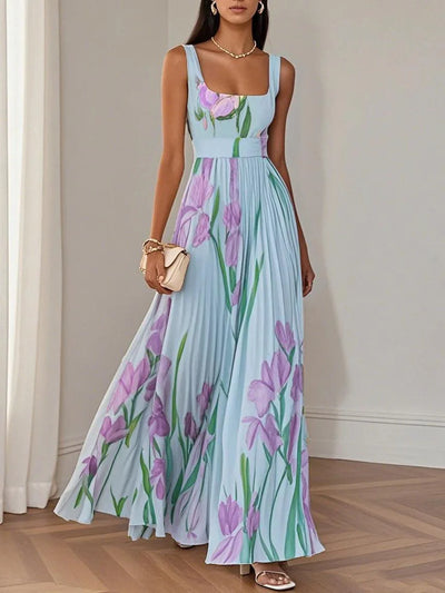 Weißes plissiertes florales Chiffon Maxikleid mit quadratischem Ausschnitt und ärmellos A-Linie