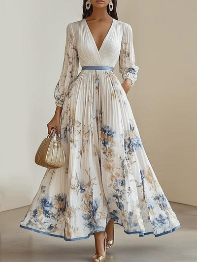 Frühling Neue Weiße Falten Chiffon V-Ausschnitt Florale Lange Ärmel Ballonärmel A-Linie Maxi Kleid
