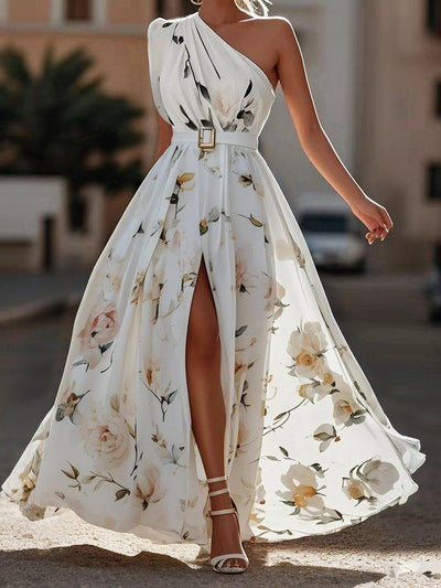 Hellgrünes Floral Raffung Ein-Schulter A-Linie Maxi Chiffon Kleid