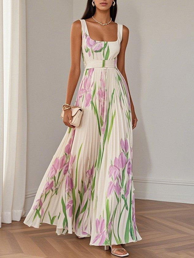 Weißes plissiertes florales Chiffon Maxikleid mit quadratischem Ausschnitt und ärmellos A-Linie