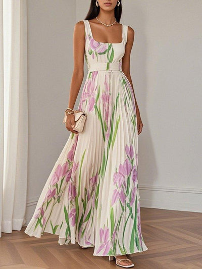 Weißes plissiertes florales Chiffon Maxikleid mit quadratischem Ausschnitt und ärmellos A-Linie