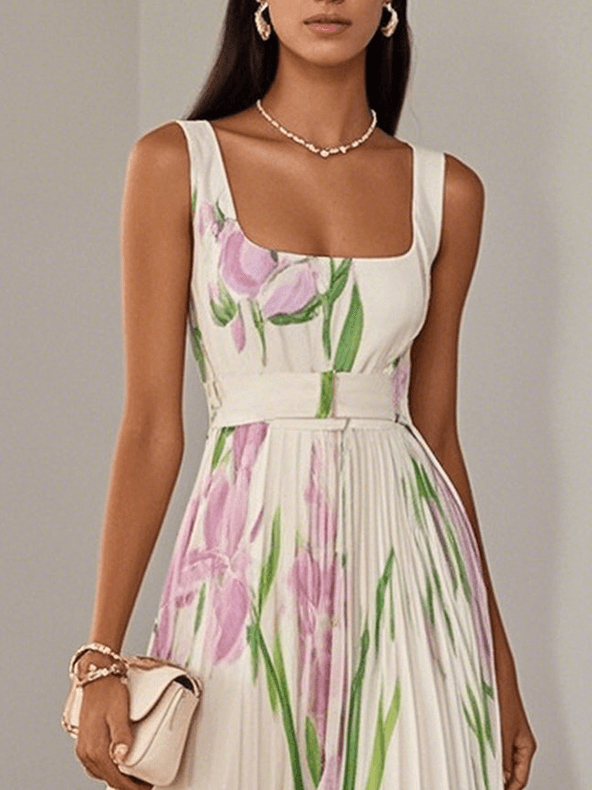Weißes plissiertes florales Chiffon Maxikleid mit quadratischem Ausschnitt und ärmellos A-Linie