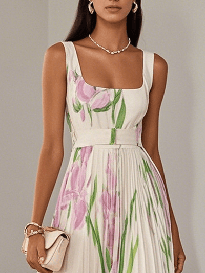 Weißes plissiertes florales Chiffon Maxikleid mit quadratischem Ausschnitt und ärmellos A-Linie