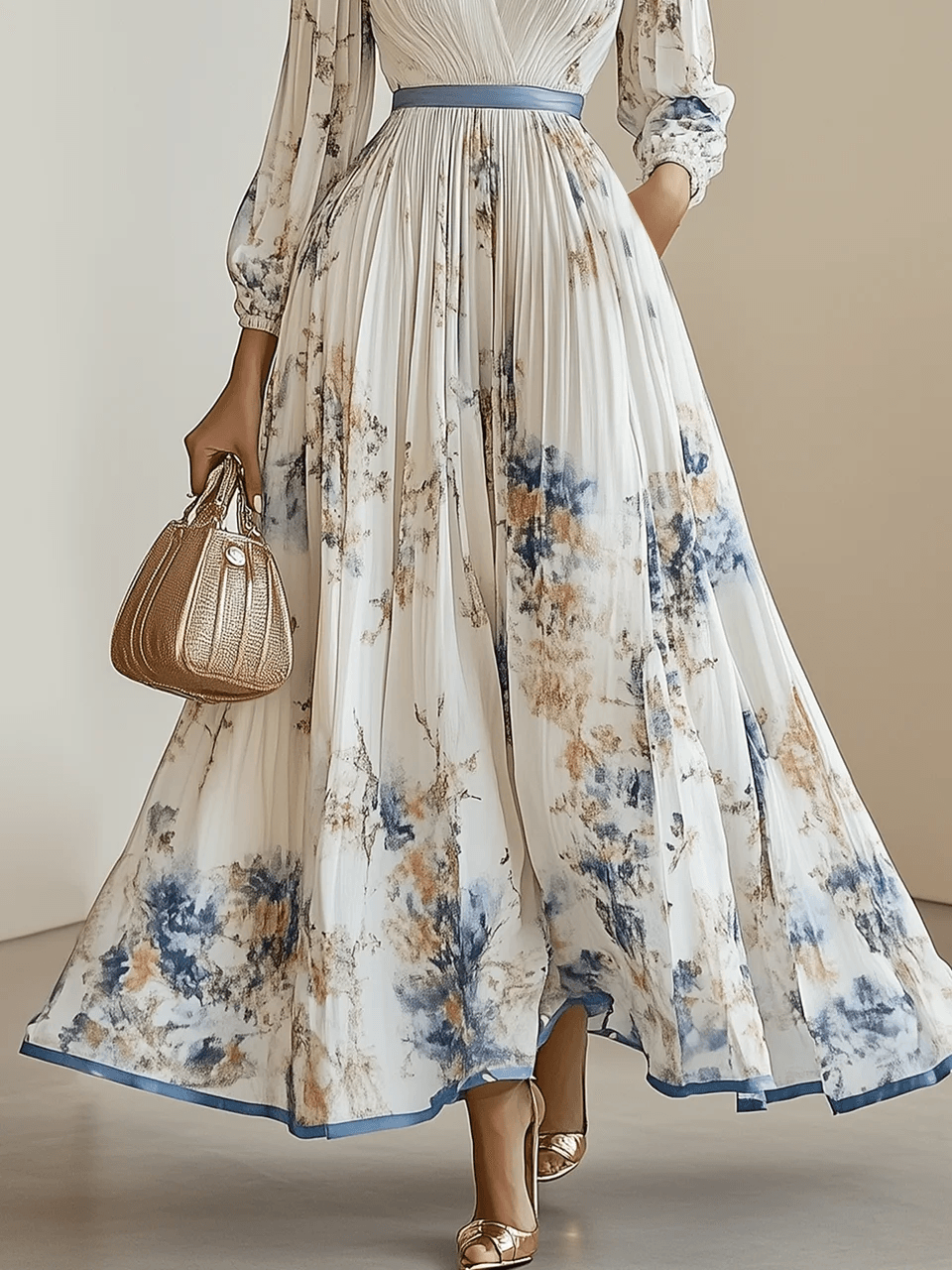 Frühling Neue Weiße Falten Chiffon V-Ausschnitt Florale Lange Ärmel Ballonärmel A-Linie Maxi Kleid