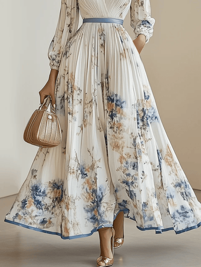 Frühling Neue Weiße Falten Chiffon V-Ausschnitt Florale Lange Ärmel Ballonärmel A-Linie Maxi Kleid
