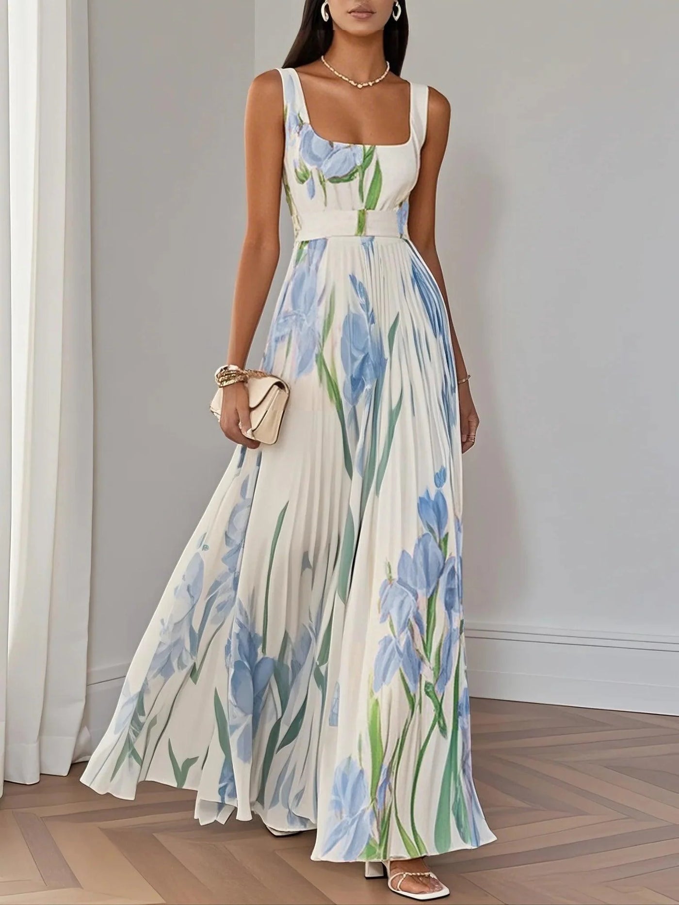 Weißes plissiertes florales Chiffon Maxikleid mit quadratischem Ausschnitt und ärmellos A-Linie