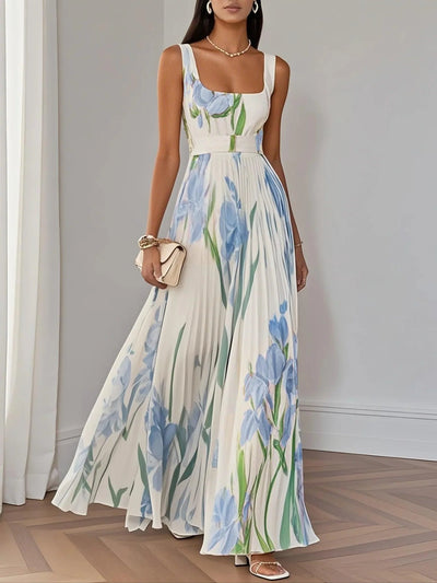 Weißes plissiertes florales Chiffon Maxikleid mit quadratischem Ausschnitt und ärmellos A-Linie