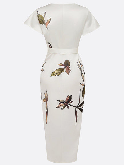 Weißes Leaf Kurzarm Satin Wickelkleid Midi