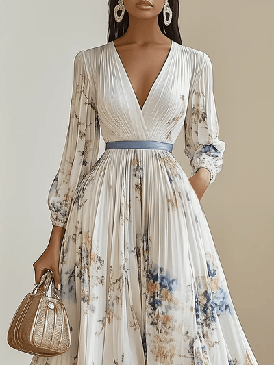 Frühling Neue Weiße Falten Chiffon V-Ausschnitt Florale Lange Ärmel Ballonärmel A-Linie Maxi Kleid