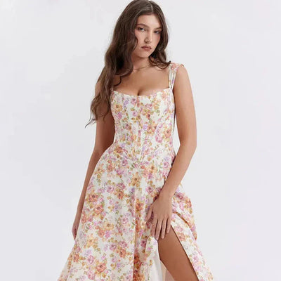 Freya - Blumiges Korsett Midi-Kleid