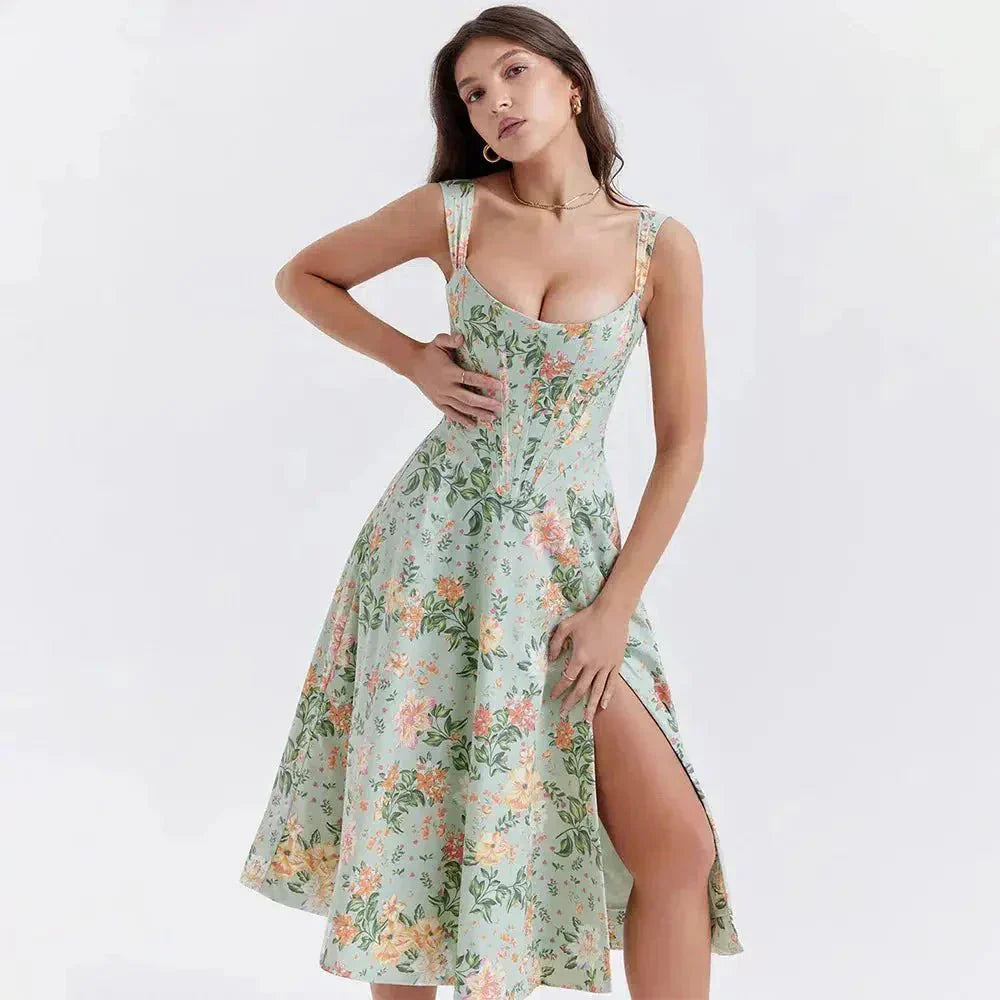 Freya - Blumiges Korsett Midi-Kleid