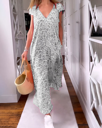 Véronique | Langes V-Ausschnitt Kleid mit kurzen Ärmeln im Print