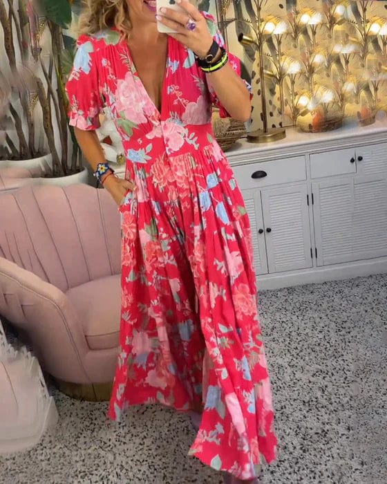 Isabeau - Bequeme lange Kleid mit V-Ausschnitt und Taschen