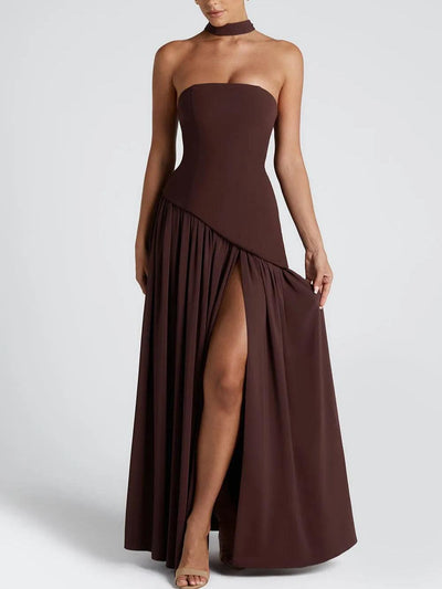 Strapless Slit Ribbon Maxi Kleid