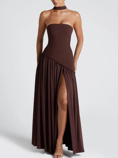 Strapless Slit Ribbon Maxi Kleid