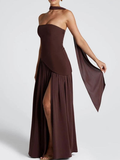 Strapless Slit Ribbon Maxi Kleid