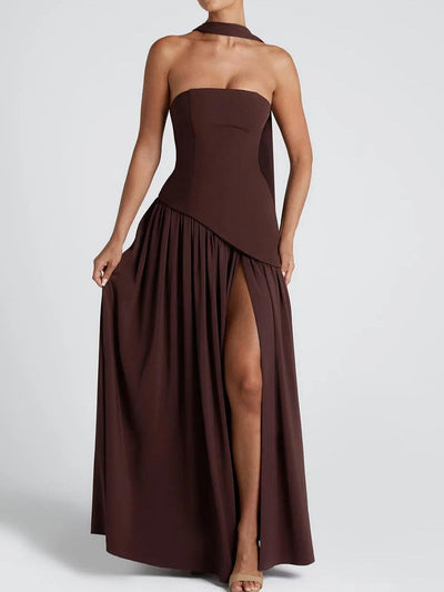 Strapless Slit Ribbon Maxi Kleid