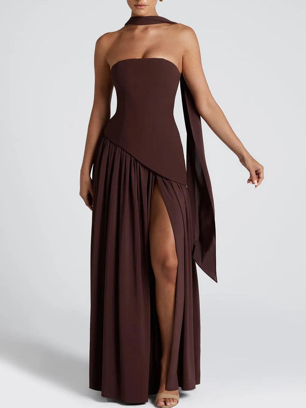 Strapless Slit Ribbon Maxi Kleid