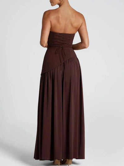 Strapless Slit Ribbon Maxi Kleid